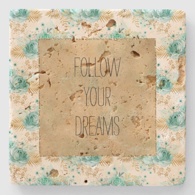 Aqua Cream Gold Floral  Stone Coaster (Front)