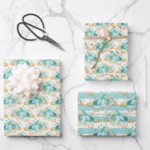 Aqua Cream Gold Floral        Wrapping Paper Sheet