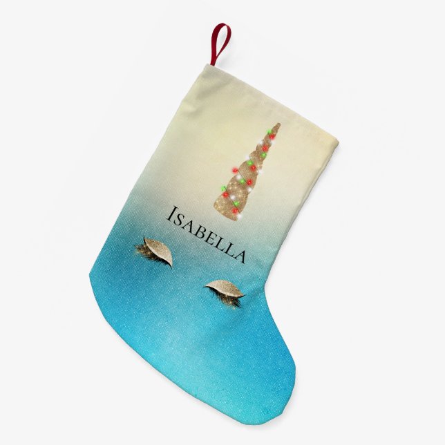 Aqua Cream Gold Sparkle Glam Unicorn Lights Small Christmas Stocking (Front (Hanging))