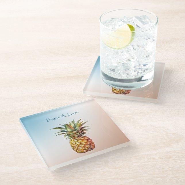 Aqua Cream Happy Tropical Pineapple Glass Coaster (Angled)