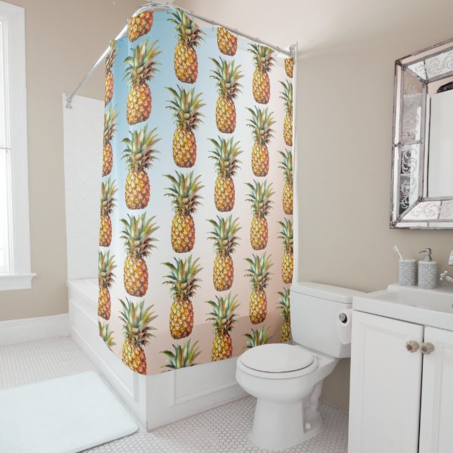 Aqua Cream Happy Tropical Pineapples Shower Curtain (In Situ)