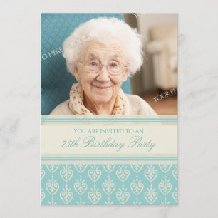 Aqua Cream Photo 75th Birthday Party Invitations