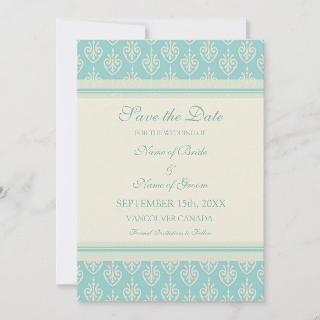 Aqua Cream Wedding Save the Date Card (Front)
