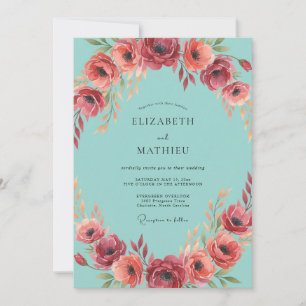 Aqua Crimson Anemone Wedding Invitation