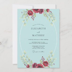 Aqua Crimson Blossom Wedding Invitation