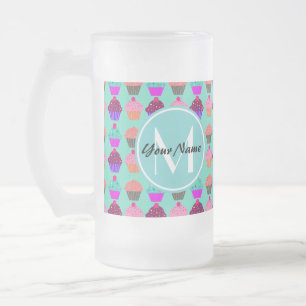 Aqua Cupcake Personalised Monogram Frosted Glass Beer Mug