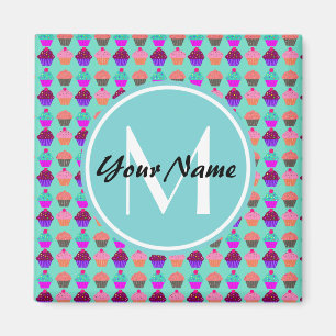 Aqua Cupcake Personalised Monogram Magnet