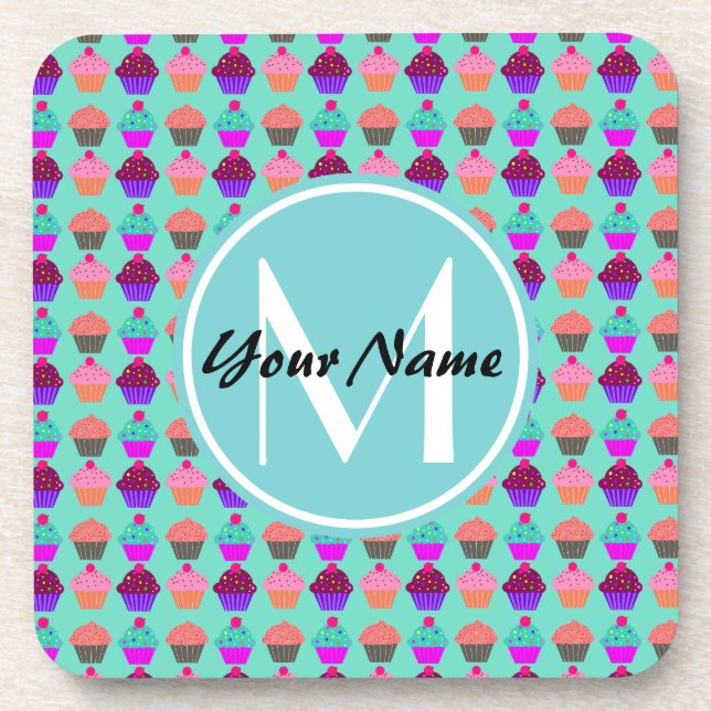 Aqua Cupcake Personalized Monogram Coaster (Front)