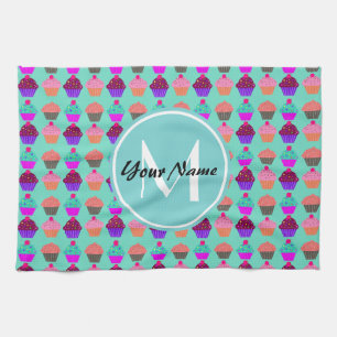 Aqua Cupcake Personalized Monogram Tea Towel
