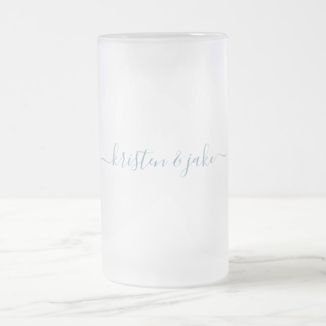 Aqua Custom Couple Script Names Wedding Frosted Glass Beer Mug (Center)