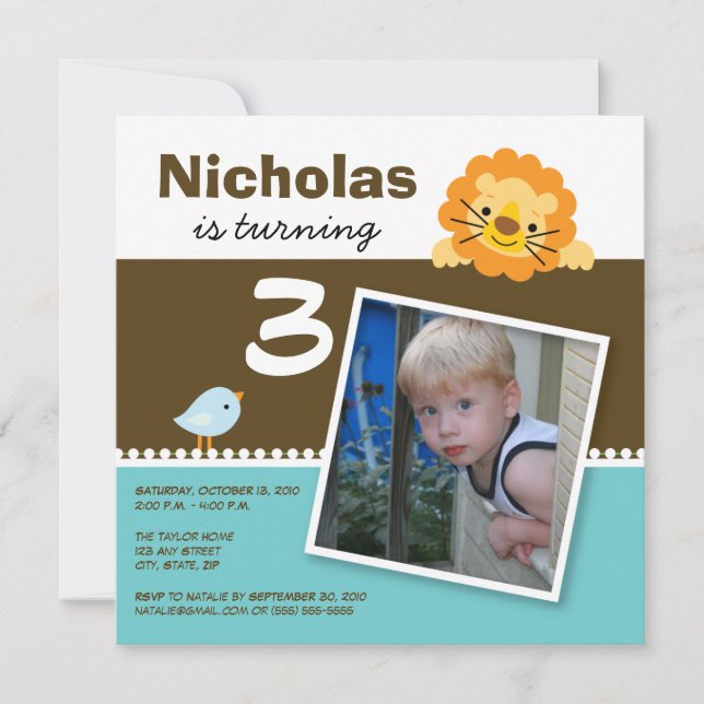Aqua Custom Lion & Birdie Birthday Party Invite (Front)
