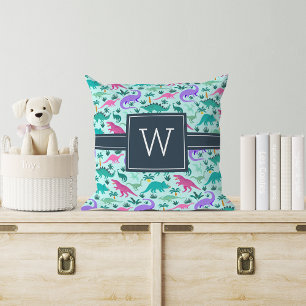 Aqua   Cute Colorful Dinosaur Pattern Kid Monogram Cushion