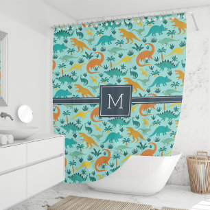 Aqua Cute Colorful Dinosaur Pattern Kid Monogram Shower Curtain