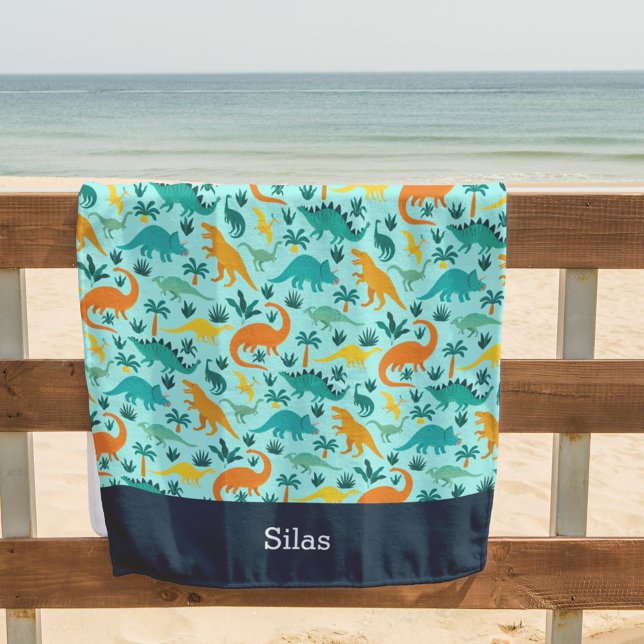 Aqua | Cute Colorful Dinosaur Pattern Kids Name Beach Towel (Creator Uploaded)