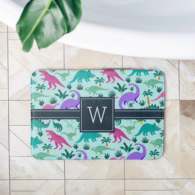 Aqua | Cute Colourful Dinosaur Pattern Kid Monogra Bath Mat (Creator Uploaded)