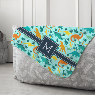 Aqua Cute Colourful Dinosaur Pattern Kid Monogra Sherpa Blanket
