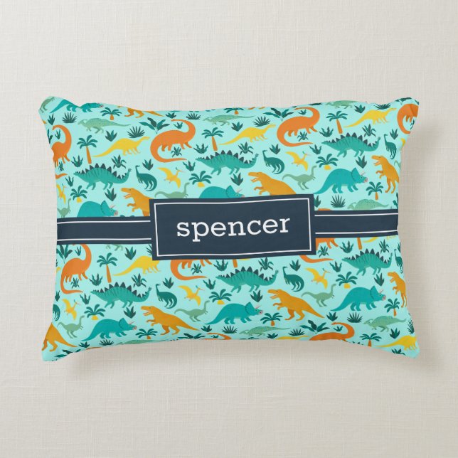 Aqua | Cute Colourful Dinosaur Pattern Kids Name Decorative Cushion (Front)