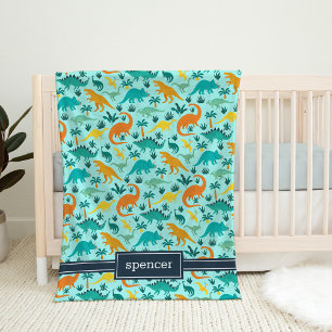 Aqua Cute Colourful Dinosaur Pattern Kids Name Fleece Blanket