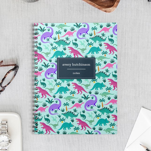 Aqua | Cute Colourful Dinosaur Pattern Personalise Notebook (Creator Uploaded)