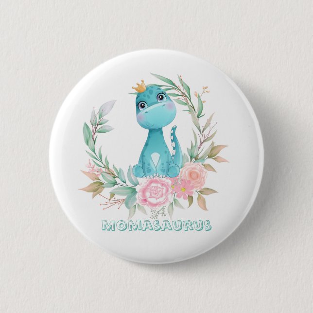 Aqua Cute Dinosaur Peony Momasaurs Baby Shower  6 Cm Round Badge (Front)