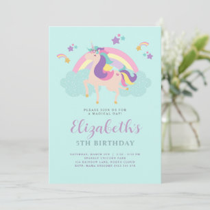 Aqua Cute Rainbow Unicorn Personalised Birthday Invitation