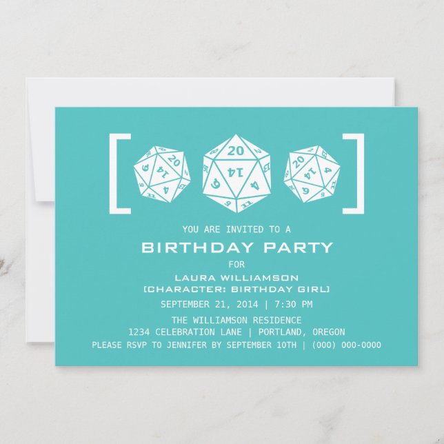 Aqua D20 Dice Gamer Birthday Party Invite (Front)
