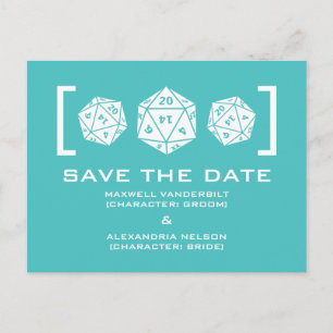 Aqua D20 Dice Gamer Save the Date Postcard