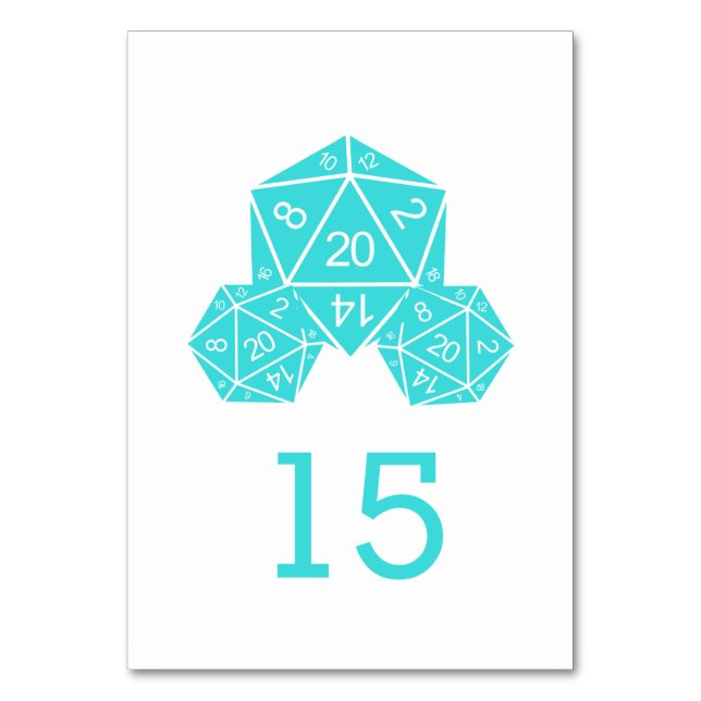 Aqua D20 Dice Wedding Table Card (Front)