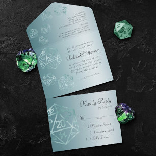 Aqua D20   Elegant Blue Green RPG Dice Wedding All In One Invitation