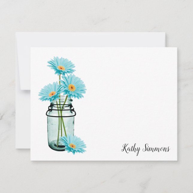 Aqua Daisies Personalised Flat Note Cards (Front)
