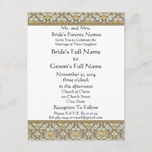 Aqua Damask  Grey Wedding Invitation