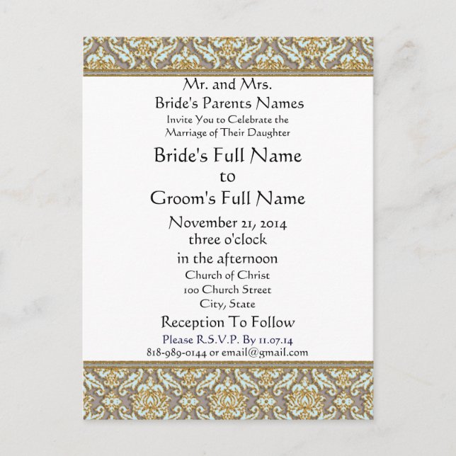 Aqua Damask  Grey Wedding Invitation (Front)