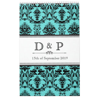 Aqua Damask Monogram Wedding Sign Photo Guestbook Calendar