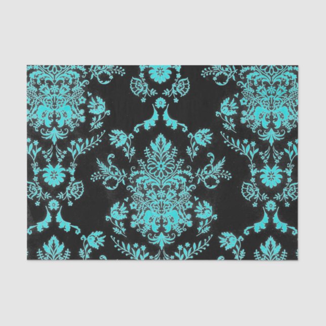 Aqua Damask on Black Chic Design Tissue Paper (Front)