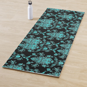 Aqua Damask on Black Chic Design Yoga Mat
