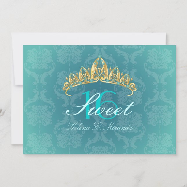 Aqua Damask Sweet 16/ tiara/turquoise invitations (Front)