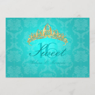 Aqua Damask Sweet 16/ tiara/turquoise invitations