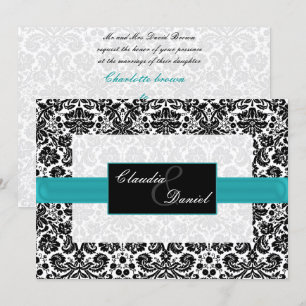 aqua damask wedding invitation