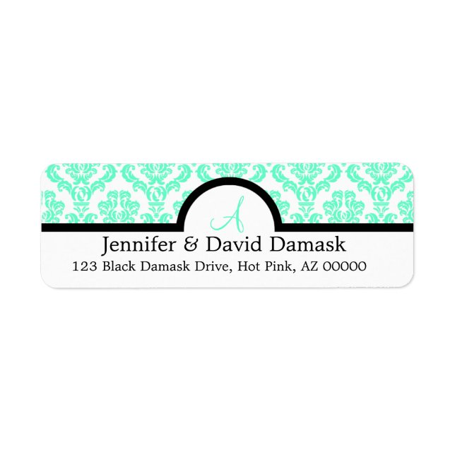 Aqua Damask Wedding Monogram Address Labels (Front)