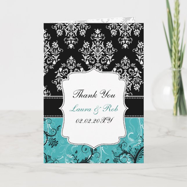 aqua damask wedding Thank You (Front)
