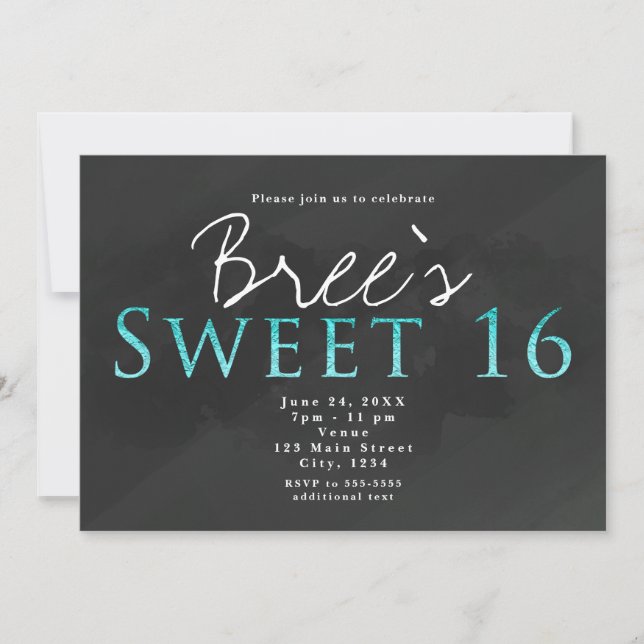 Aqua & Dark Grey SWEET 16 Chic Birthday Party Invitation (Front)