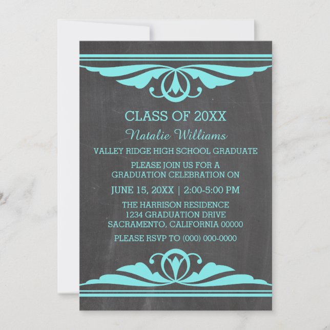 Aqua Deco Chalkboard Graduation Invite (Front)