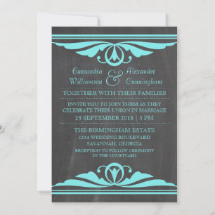 Aqua Deco Chalkboard Wedding Invite