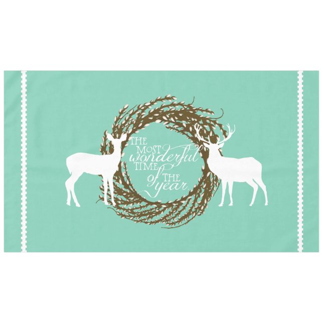 Aqua Deer Most Wonderful Time Wreath Tablecloth (Front (Horizontal))
