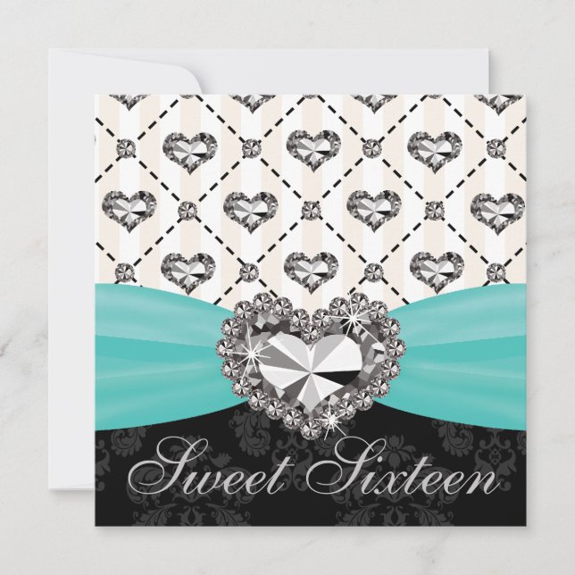 Aqua Diamond Heart Sweet Sixteen Invitations (Front)