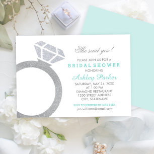 Aqua Diamond Ring Glitter Wedding Bridal Shower Invitation