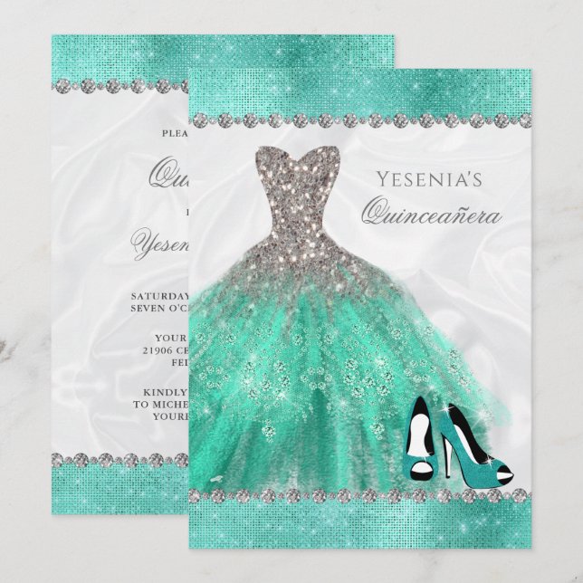 Aqua Diamond Sparkle Glitter Quinceañera Invitation (Front/Back)