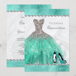 Aqua Diamond Sparkle Glitter Quinceañera Invitation