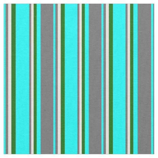 Aqua, Dim Grey, Beige & Dark Green Stripes Fabric (Close Up)