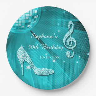 Aqua Disco Ball and Heels 50th Birthday Paper Plate